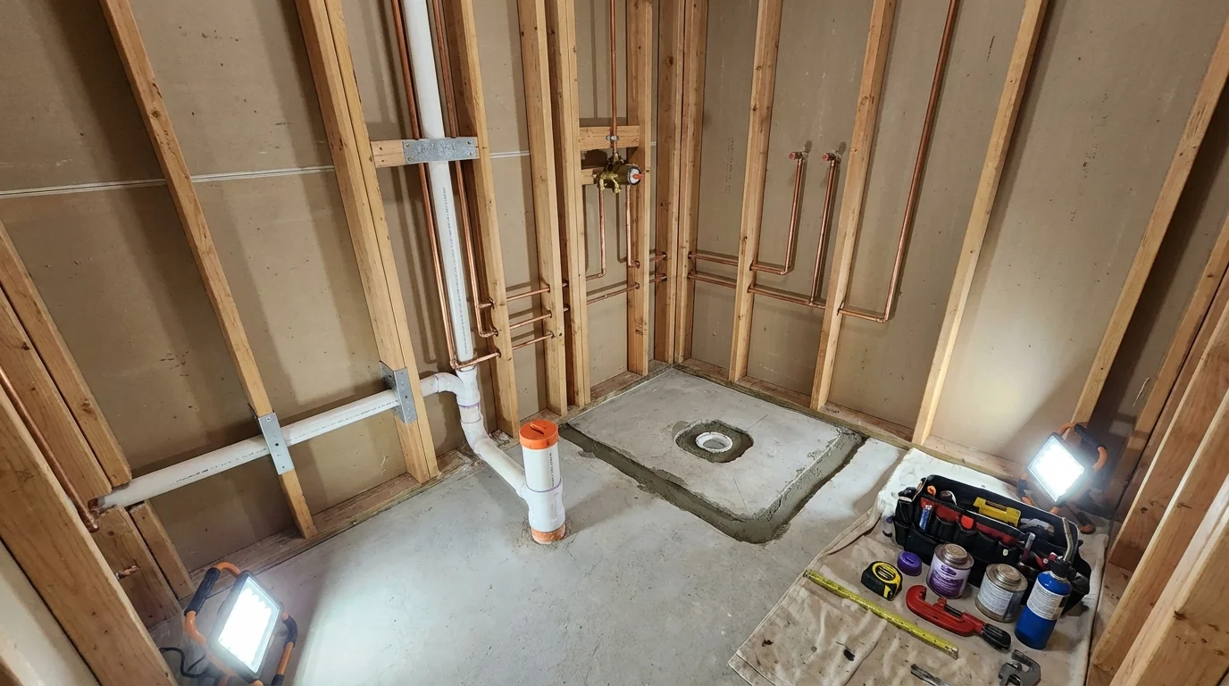 Bathroom rough-in plumbing during remodel by Johns Plumbing LLC in Waukesha