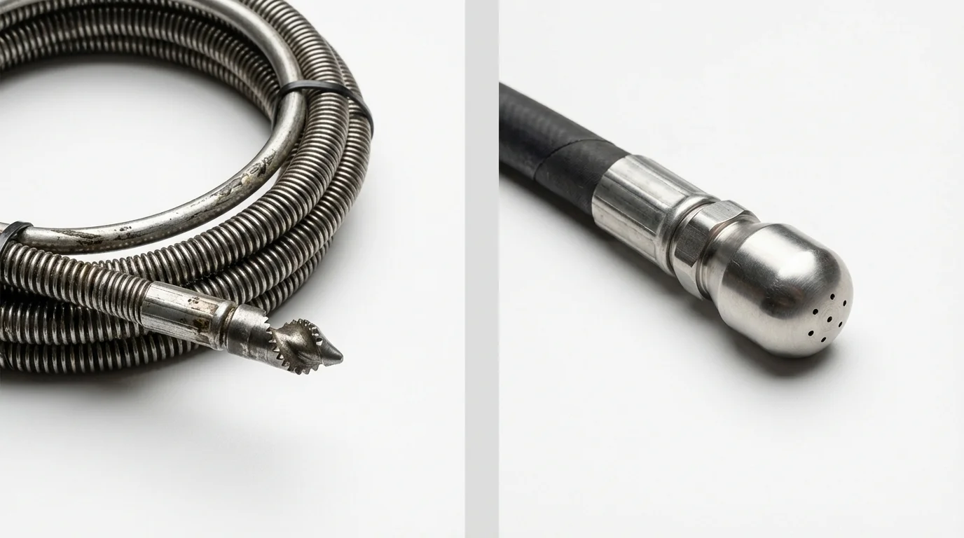 Drain snake cable and hydro jetting nozzle used for drain cleaning in Waukesha, WI