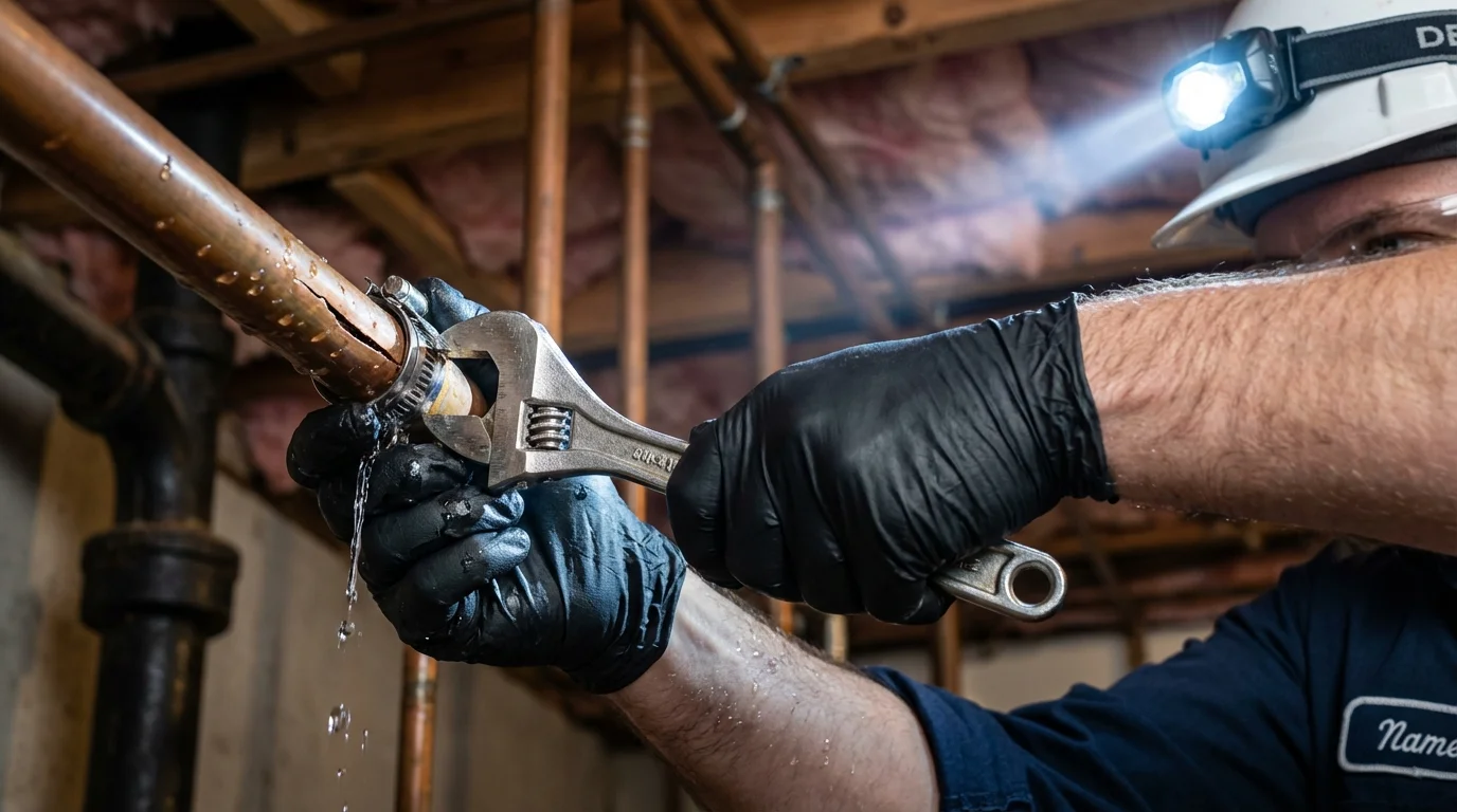 Emergency pipe clamp repair being performed by a Johns Plumbing LLC plumber in Waukesha