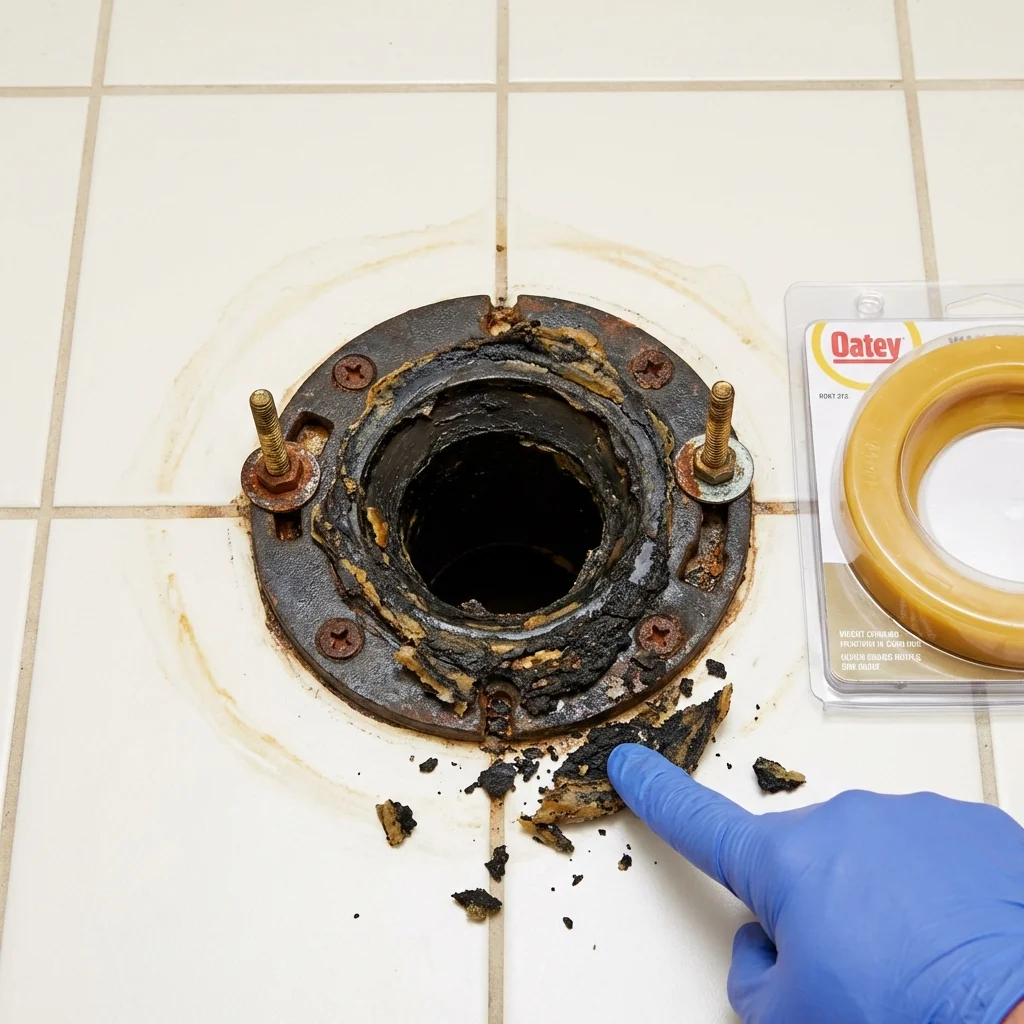 Failed wax ring showing water seepage at the base of a toilet in a Waukesha, WI home