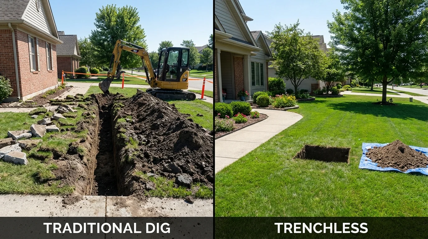 Trenchless sewer repair with minimal yard damage versus traditional excavation in Waukesha, WI