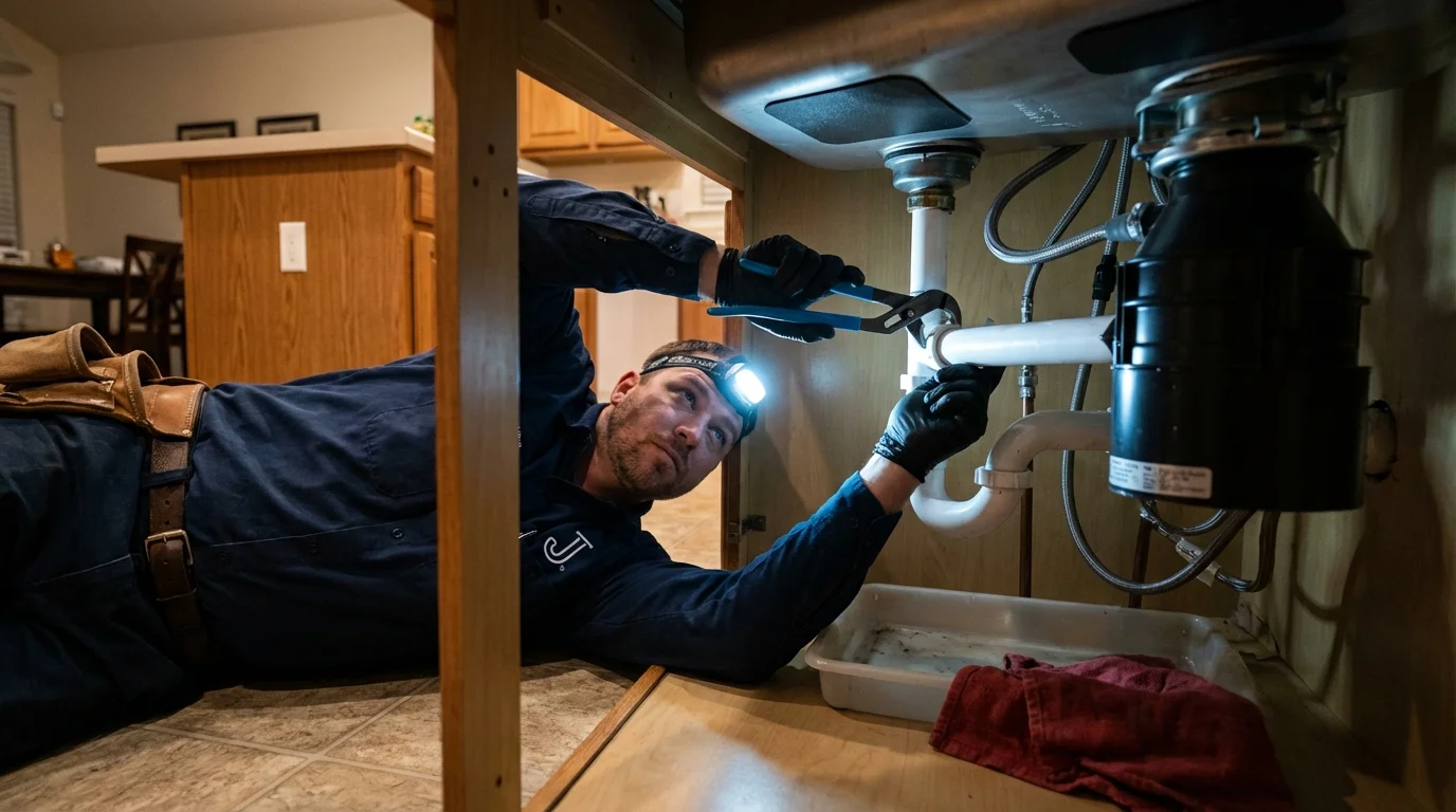 P-trap and supply line connections under a kitchen sink showing a common leak point in Waukesha, WI